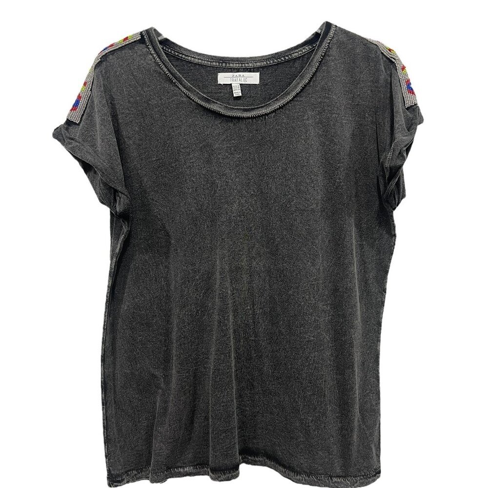 Zara Size M Aztec Design Beaded Top T-Shirt‎ Tee Cap Sleeve Gray Boho